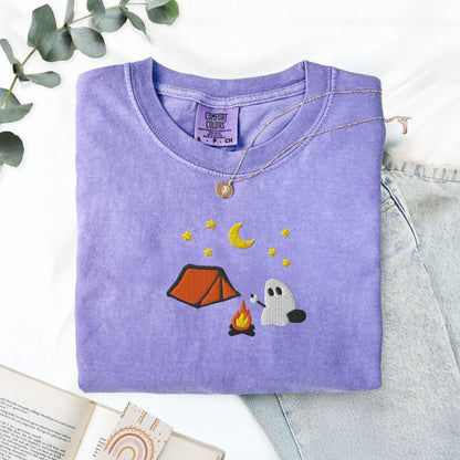 Pine Spice Books Cute Camping Ghost Embroidered T-Shirt Cute Camping Ghost Embroidered T-Shirt