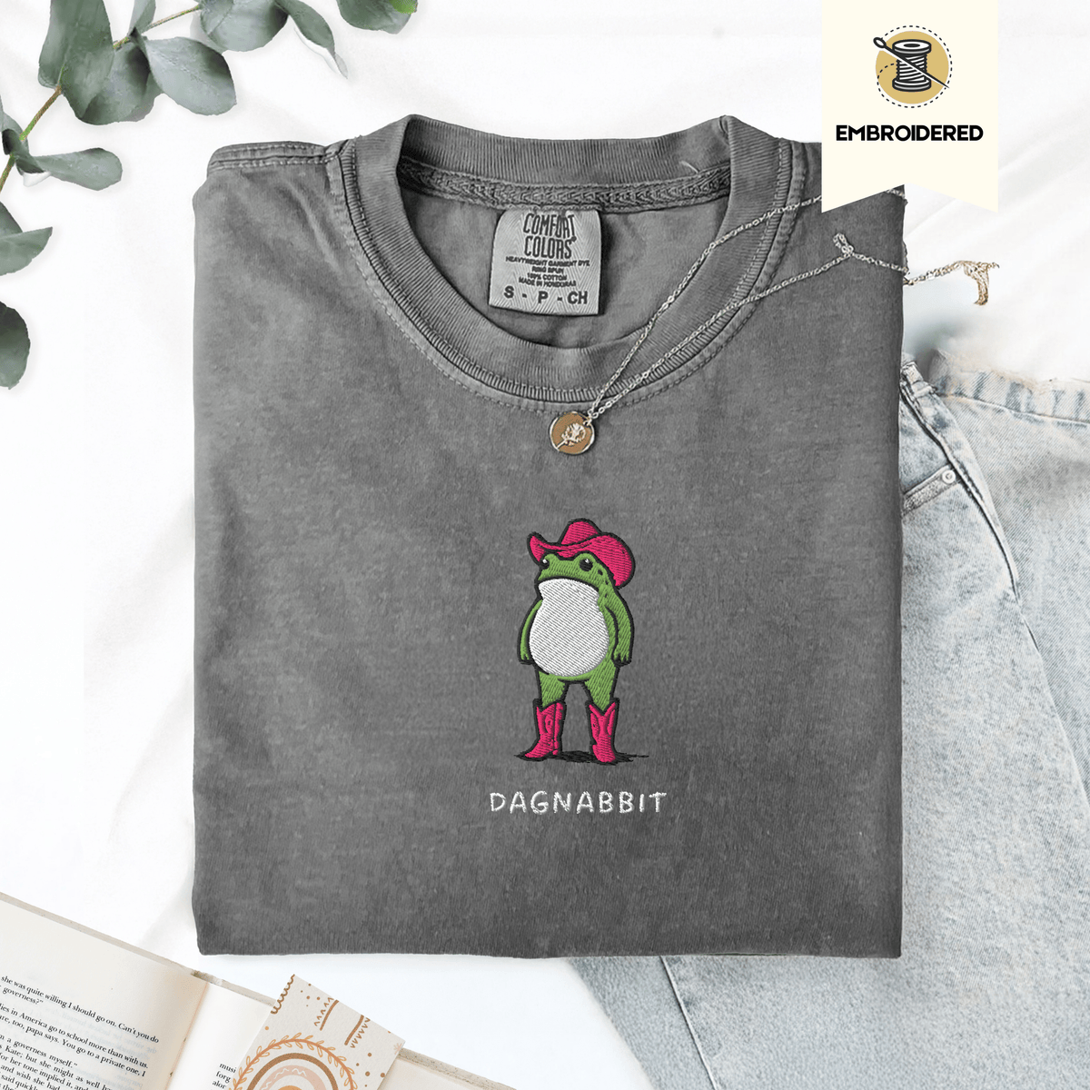 Pine Spice Books Dagnabbit Cowboy Frog Embroidered T-Shirt Dagnabbit Cowboy Frog Embroidered T-Shirt