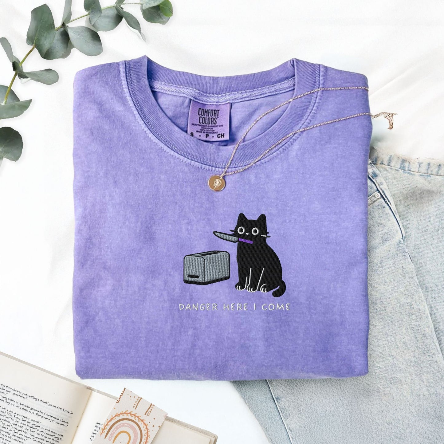 Pine Spice Books Danger Here I Come Cat Embroidered T-Shirt Danger Here I Come Cat Embroidered T-Shirt