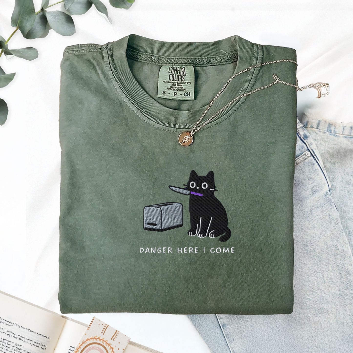 Pine Spice Books Danger Here I Come Cat Embroidered T-Shirt Danger Here I Come Cat Embroidered T-Shirt