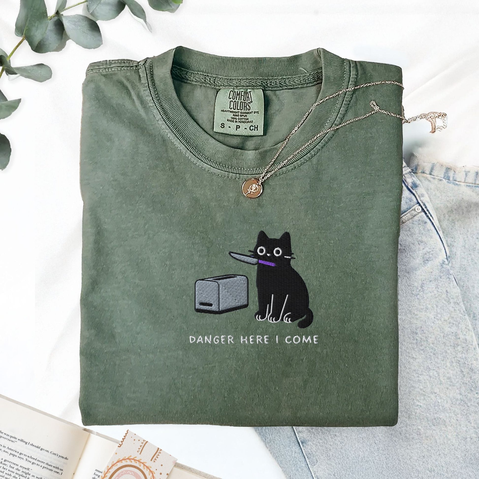 Pine Spice Books Danger Here I Come Cat Embroidered T-Shirt Danger Here I Come Cat Embroidered T-Shirt