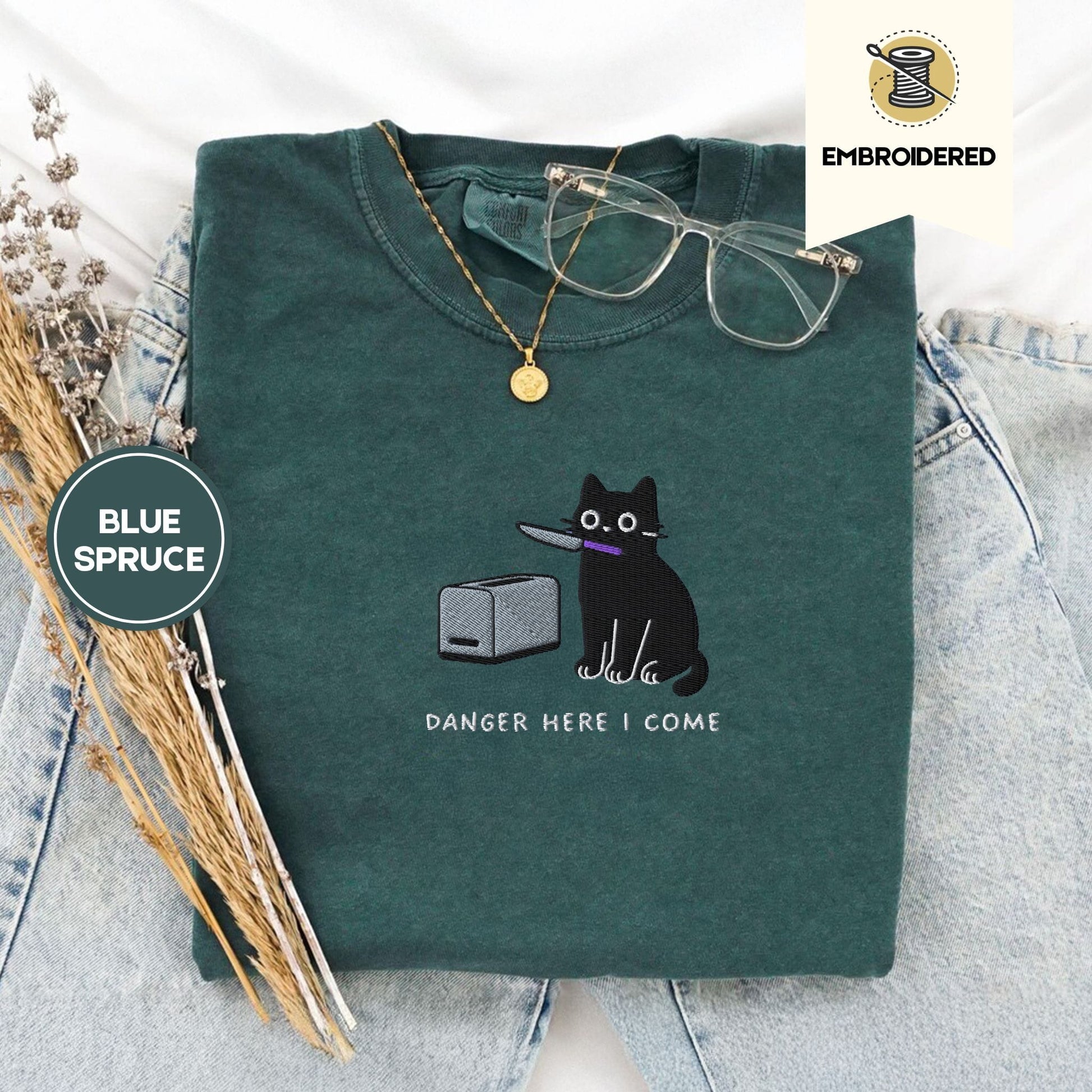 Pine Spice Books Danger Here I Come Cat Embroidered T-Shirt Danger Here I Come Cat Embroidered T-Shirt