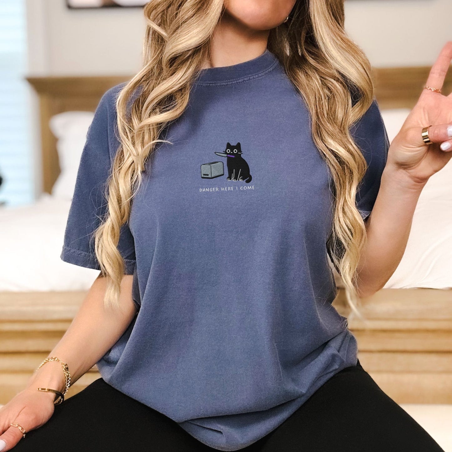 Pine Spice Books Danger Here I Come Cat Embroidered T-Shirt Danger Here I Come Cat Embroidered T-Shirt