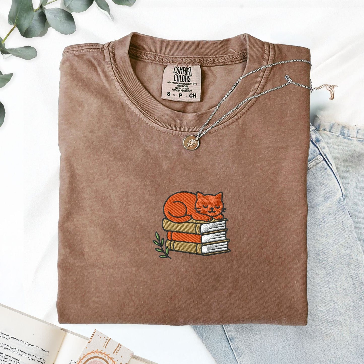 Pine Spice Books Cat Book Stack Embroidered T-Shirt Cat Book Stack Embroidered T-Shirt