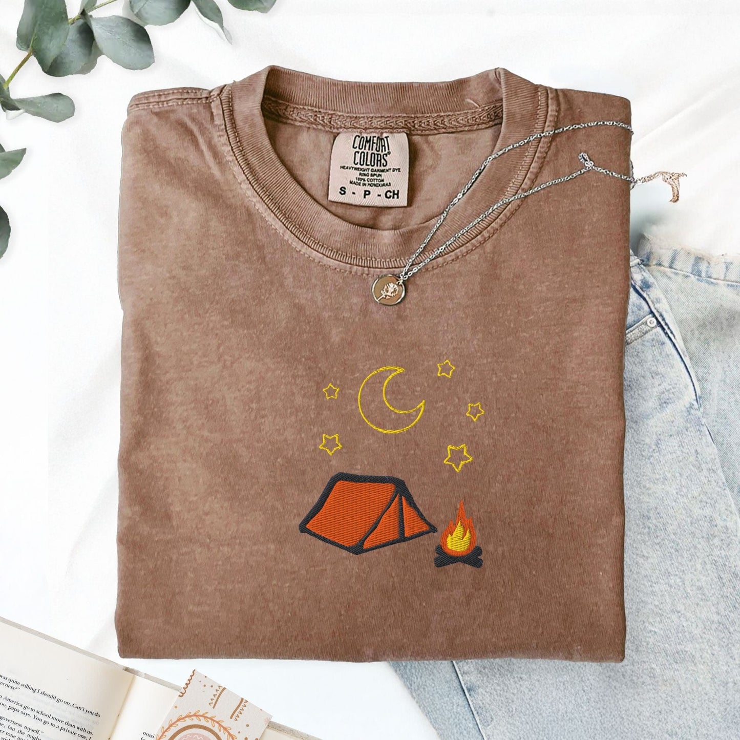 Pine Spice Books Cozy Embroidered Camping T-Shirt Cozy Embroidered Camping T-Shirt