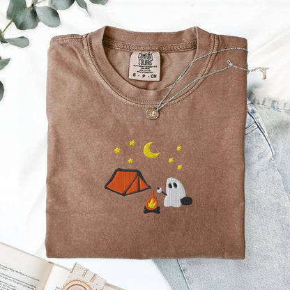 Pine Spice Books Cute Camping Ghost Embroidered T-Shirt Cute Camping Ghost Embroidered T-Shirt