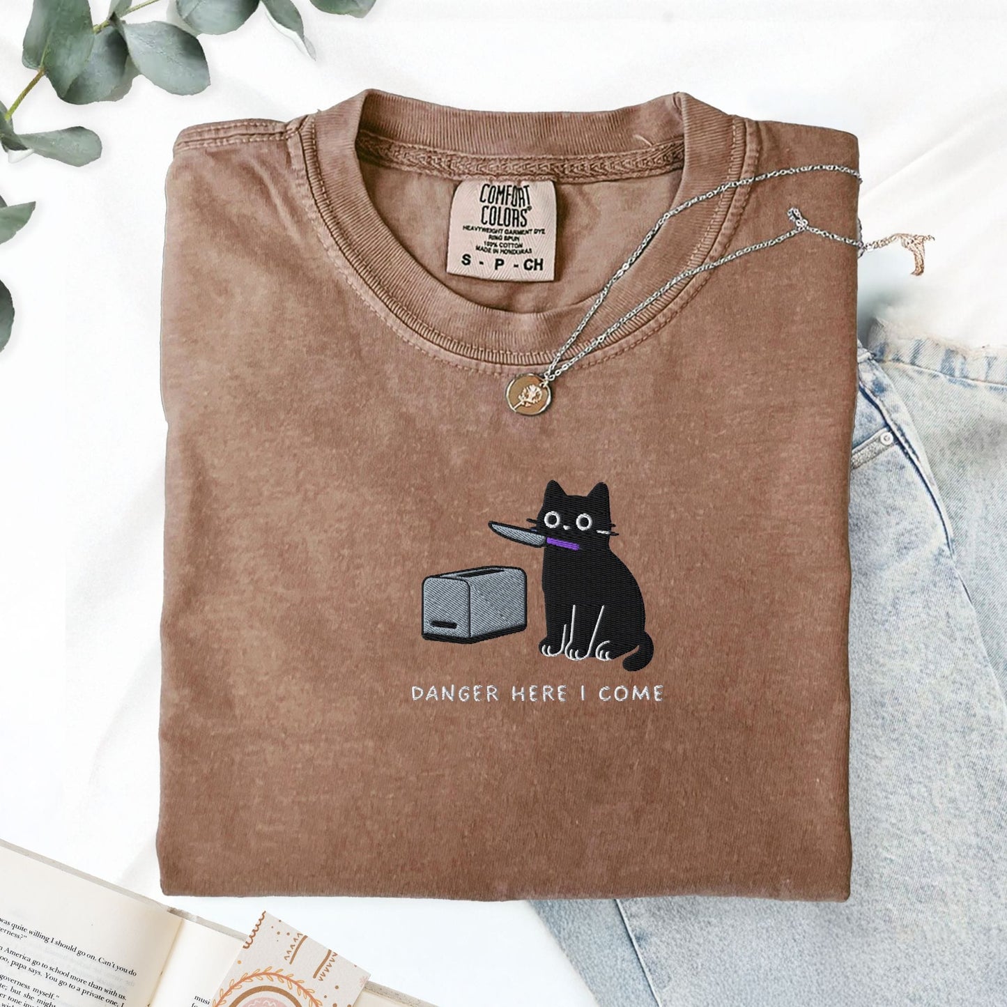 Pine Spice Books Danger Here I Come Cat Embroidered T-Shirt Danger Here I Come Cat Embroidered T-Shirt