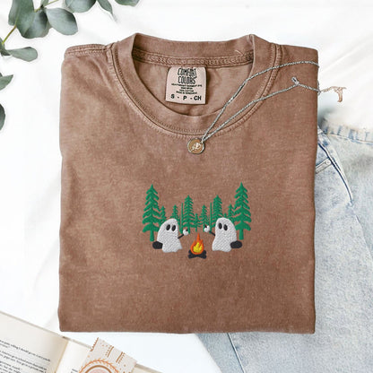Pine Spice Books Ghost Camping in the Forest Embroidered T-Shirt Ghost Camping in the Forest Embroidered T-Shirt