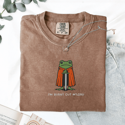 Pine Spice Books Im Burnt Out M'lord Frog Embroidered T-Shirt Im Burnt Out M'lord Frog Embroidered T-Shirt