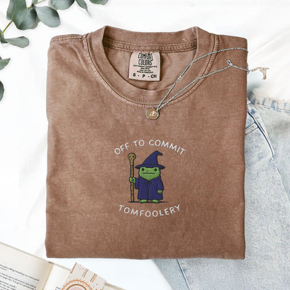 Pine Spice Books Off To Commit Tomfoolery Embroidered Frog T-Shirt Off To Commit Tomfoolery Embroidered Frog T-Shirt