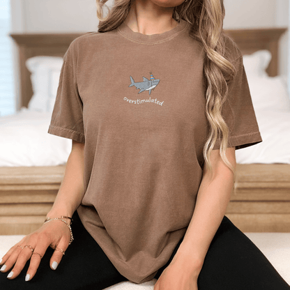 Pine Spice Books Overstimulated Shark Embroidered T-Shirt Overstimulated Shark Embroidered T-Shirt