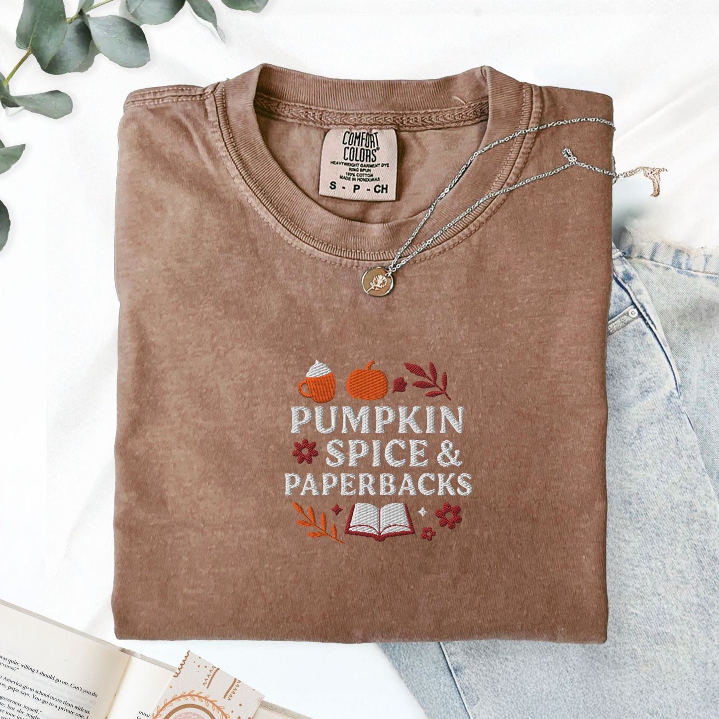 Pine Spice Books Pumpkin Spice and Paperbacks Embroidered Fall T-Shirt Pumpkin Spice and Paperbacks Embroidered Fall T-Shirt