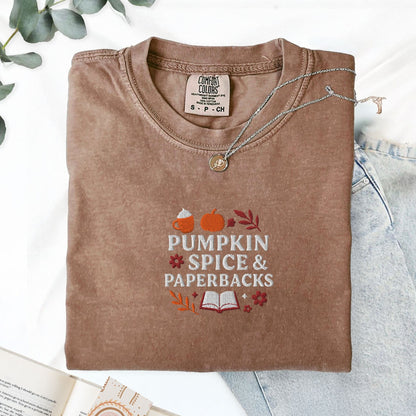 Pine Spice Books Pumpkin Spice and Paperbacks Embroidered Fall T-Shirt Pumpkin Spice and Paperbacks Embroidered Fall T-Shirt