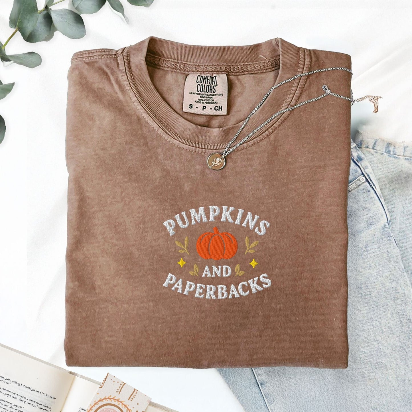 Pine Spice Books Pumpkins and Paperbacks Embroidered T-Shirt Pumpkins and Paperbacks Embroidered T-Shirt