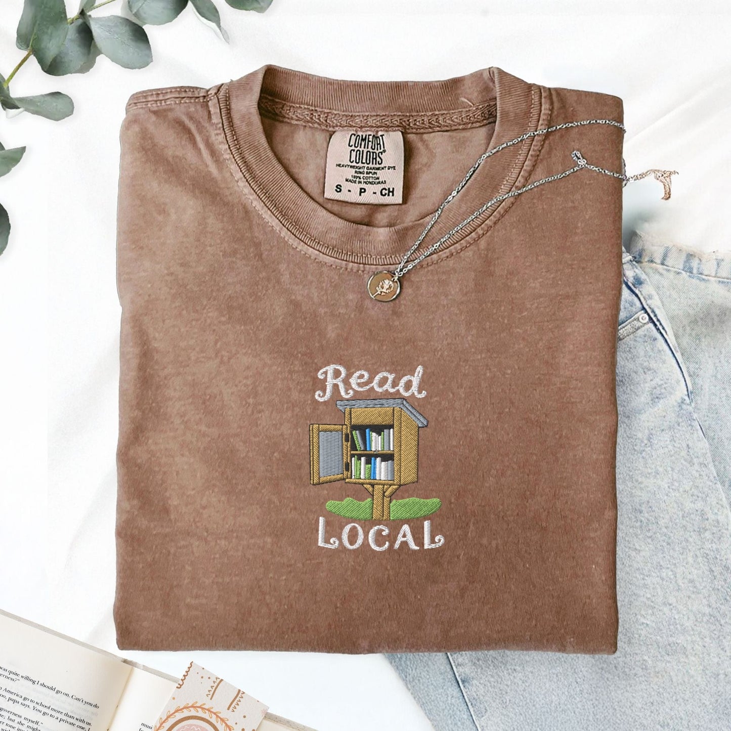 Pine Spice Books Read Local Embroidered T-Shirt Read Local Embroidered T-Shirt