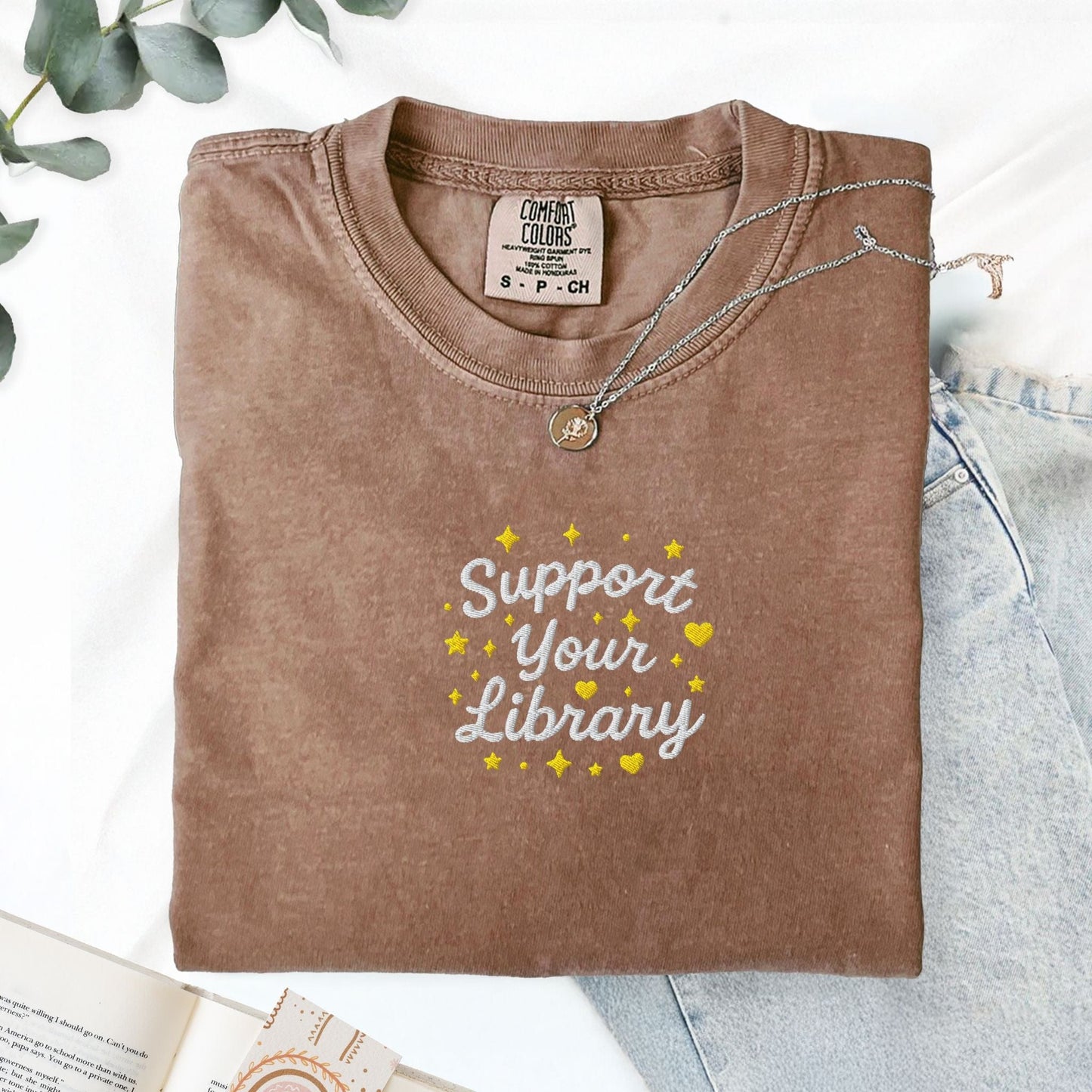 Pine Spice Books Support Your Library Embroidered T-Shirt Support Your Library Embroidered T-Shirt