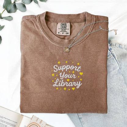 Pine Spice Books Support Your Library Embroidered T-Shirt Support Your Library Embroidered T-Shirt
