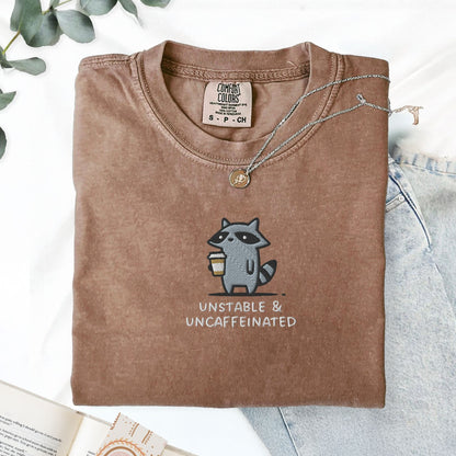 Pine Spice Books Unstable And Uncaffeinated Raccoon Embroidered T-Shirt Unstable And Uncaffeinated Raccoon Embroidered T-Shirt