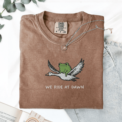 Pine Spice Books We Ride At Dawn Frog Goose Embroidered T-Shirt We Ride At Dawn Frog Goose Embroidered T-Shirt