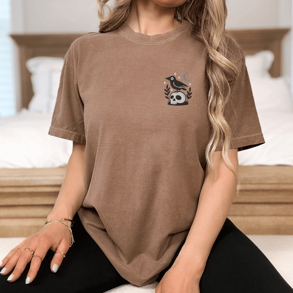 Pine Spice Books Witchy Crow Embroidered T-Shirt Witchy Crow Embroidered T-Shirt