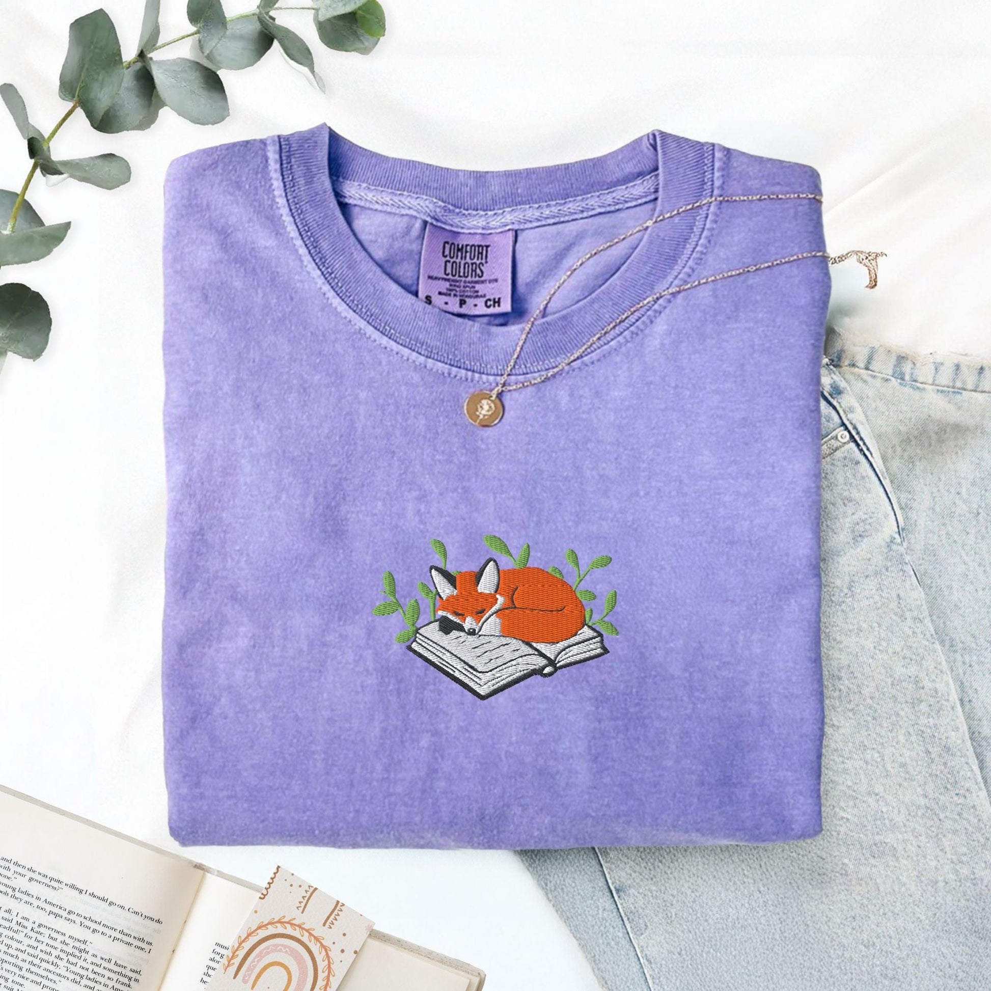 Pine Spice Books Fox Sleeping on a Book Embroidered T-Shirt Fox Sleeping on a Book Embroidered T-Shirt
