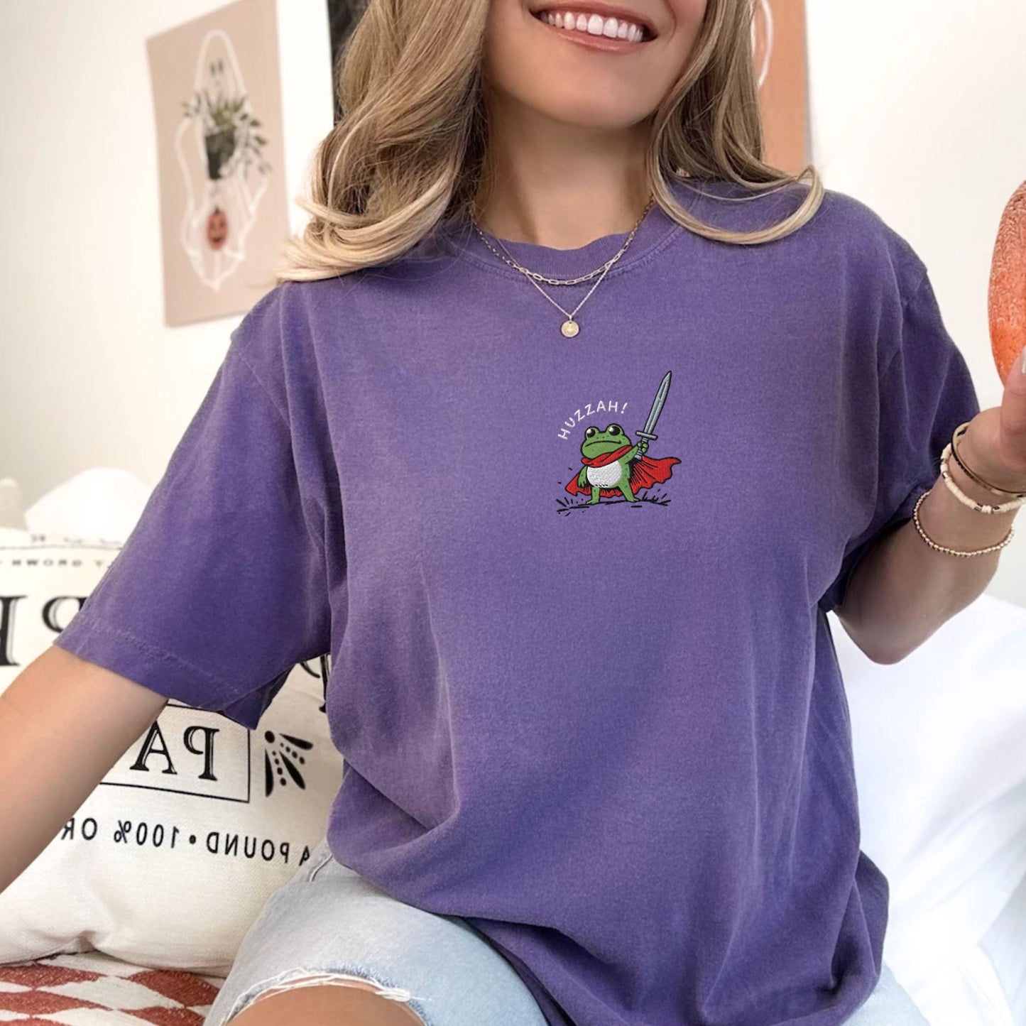 Pine Spice Books Huzzah Frog Embroidered T-Shirt Huzzah Frog Embroidered T-Shirt