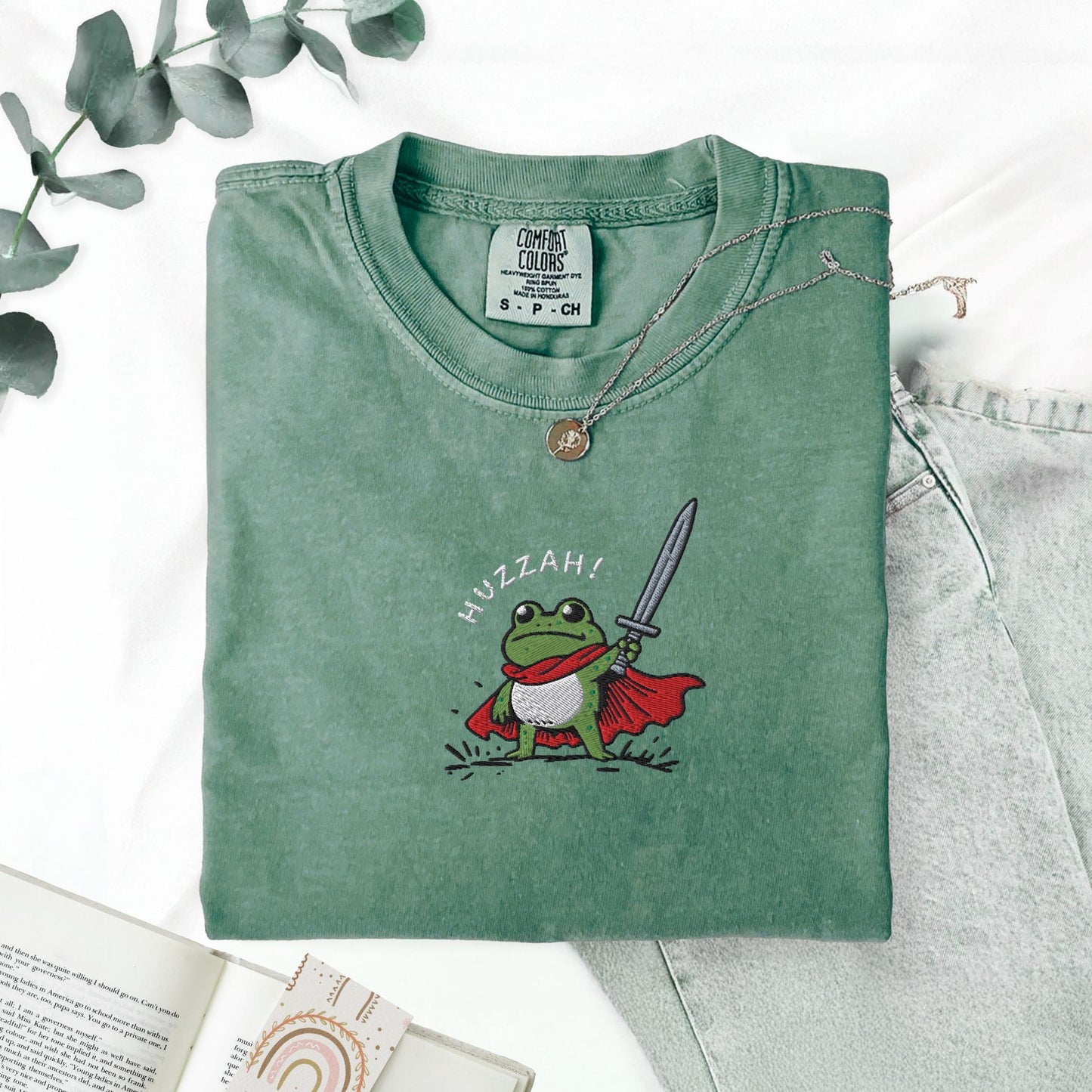 Pine Spice Books Huzzah Frog Embroidered T-Shirt Huzzah Frog Embroidered T-Shirt