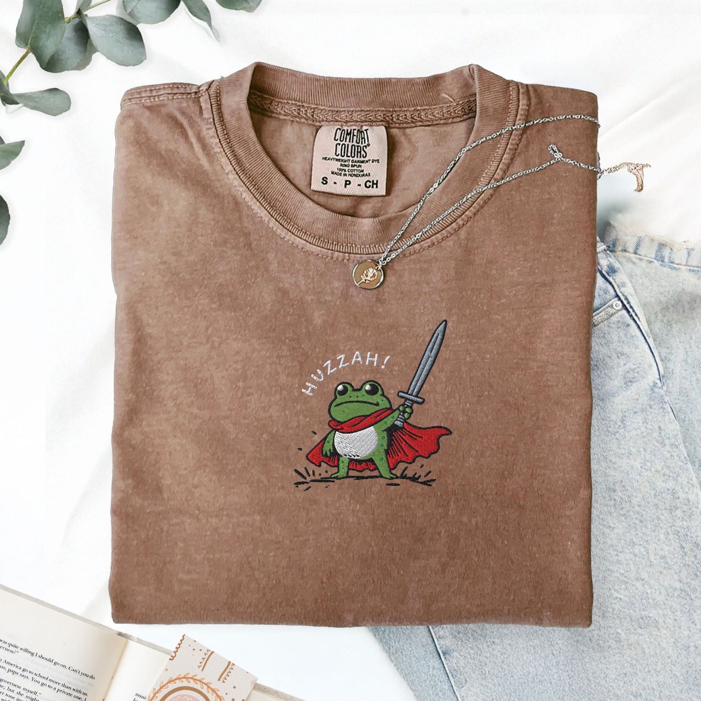 Pine Spice Books Huzzah Frog Embroidered T-Shirt Huzzah Frog Embroidered T-Shirt