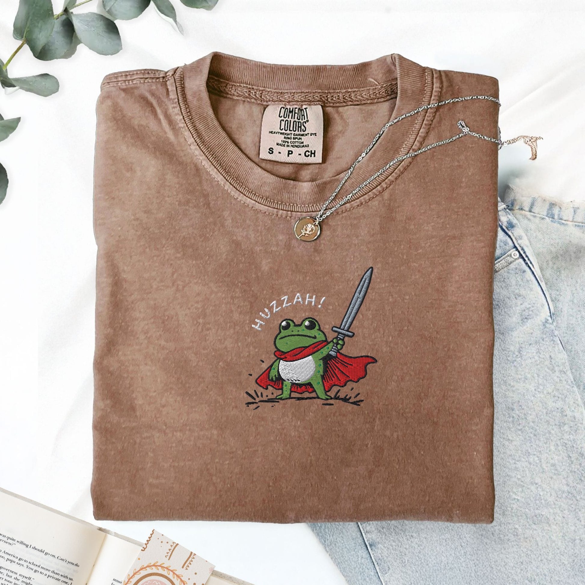 Pine Spice Books Huzzah Frog Embroidered T-Shirt Huzzah Frog Embroidered T-Shirt