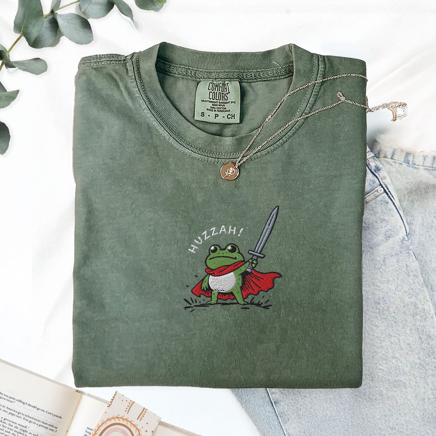 Pine Spice Books Huzzah Frog Embroidered T-Shirt Huzzah Frog Embroidered T-Shirt