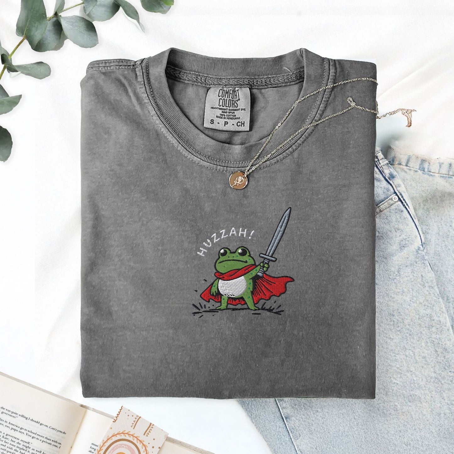 Pine Spice Books Huzzah Frog Embroidered T-Shirt Huzzah Frog Embroidered T-Shirt