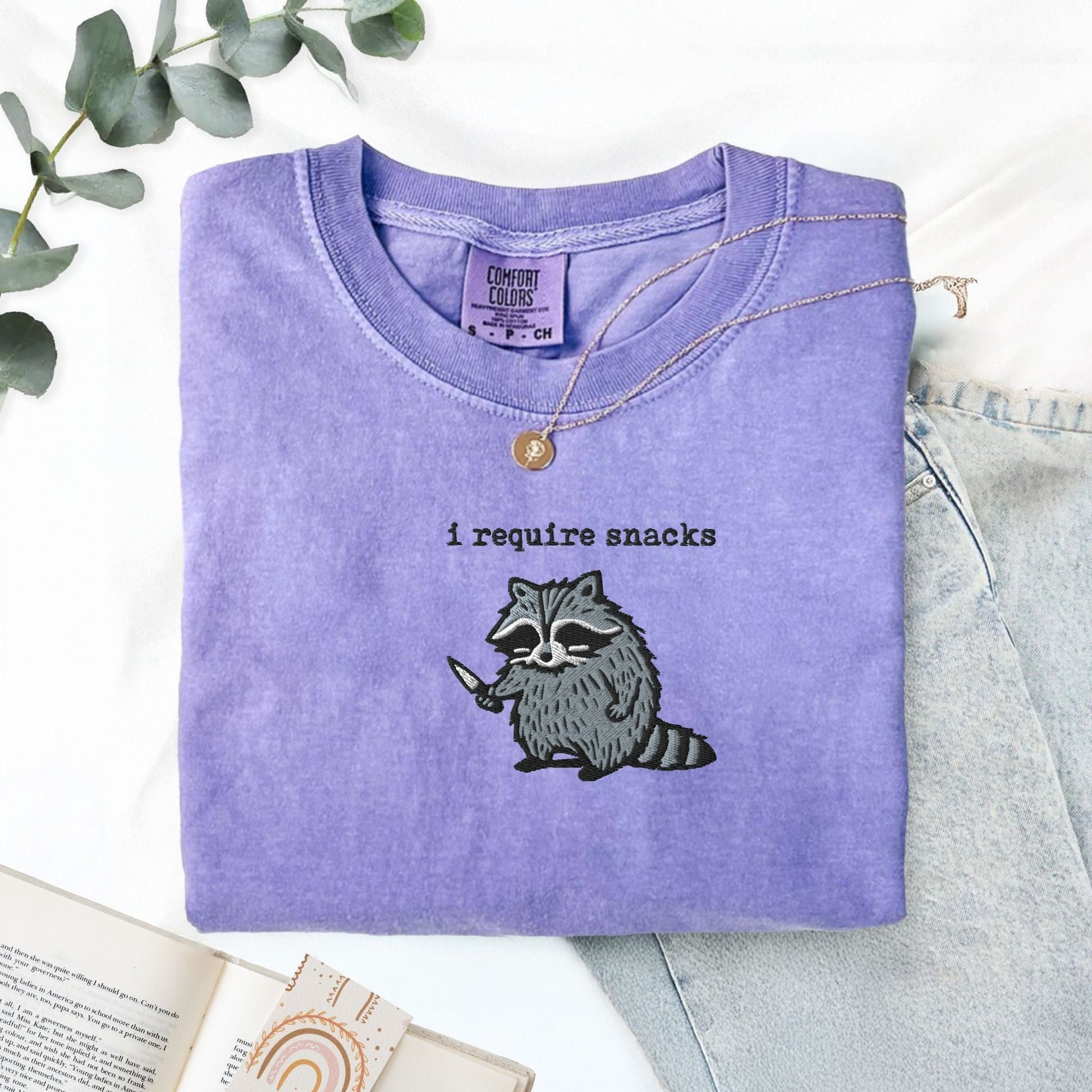 Pine Spice Books I Require Snacks Raccoon Embroidered T-Shirt I Require Snacks Raccoon Embroidered T-Shirt
