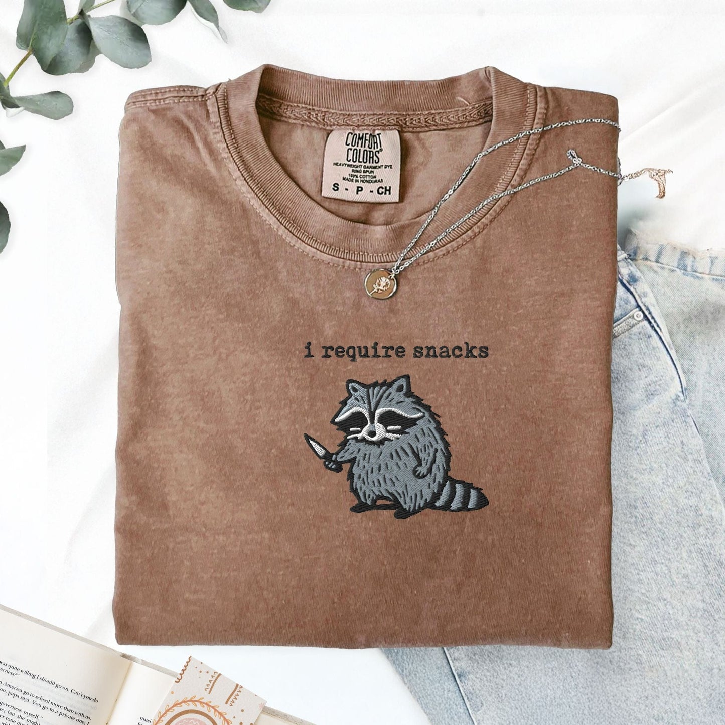 Pine Spice Books I Require Snacks Raccoon Embroidered T-Shirt I Require Snacks Raccoon Embroidered T-Shirt