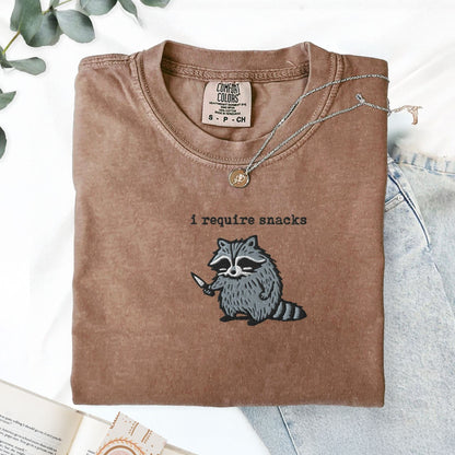 Pine Spice Books I Require Snacks Raccoon Embroidered T-Shirt I Require Snacks Raccoon Embroidered T-Shirt