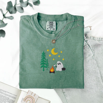 Pine Spice Books Camping Ghost Embroidered T-Shirt Camping Ghost Embroidered T-Shirt