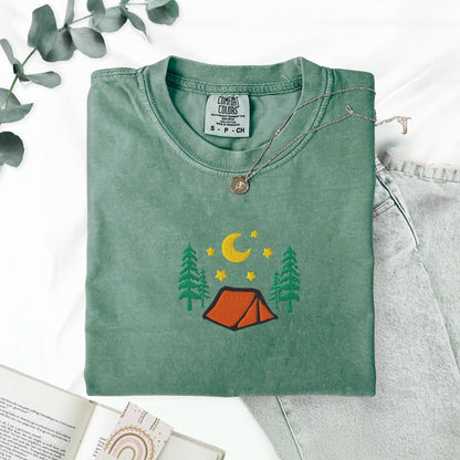 Pine Spice Books Cozy Camping Embroidered T-Shirt Cozy Camping Embroidered T-Shirt