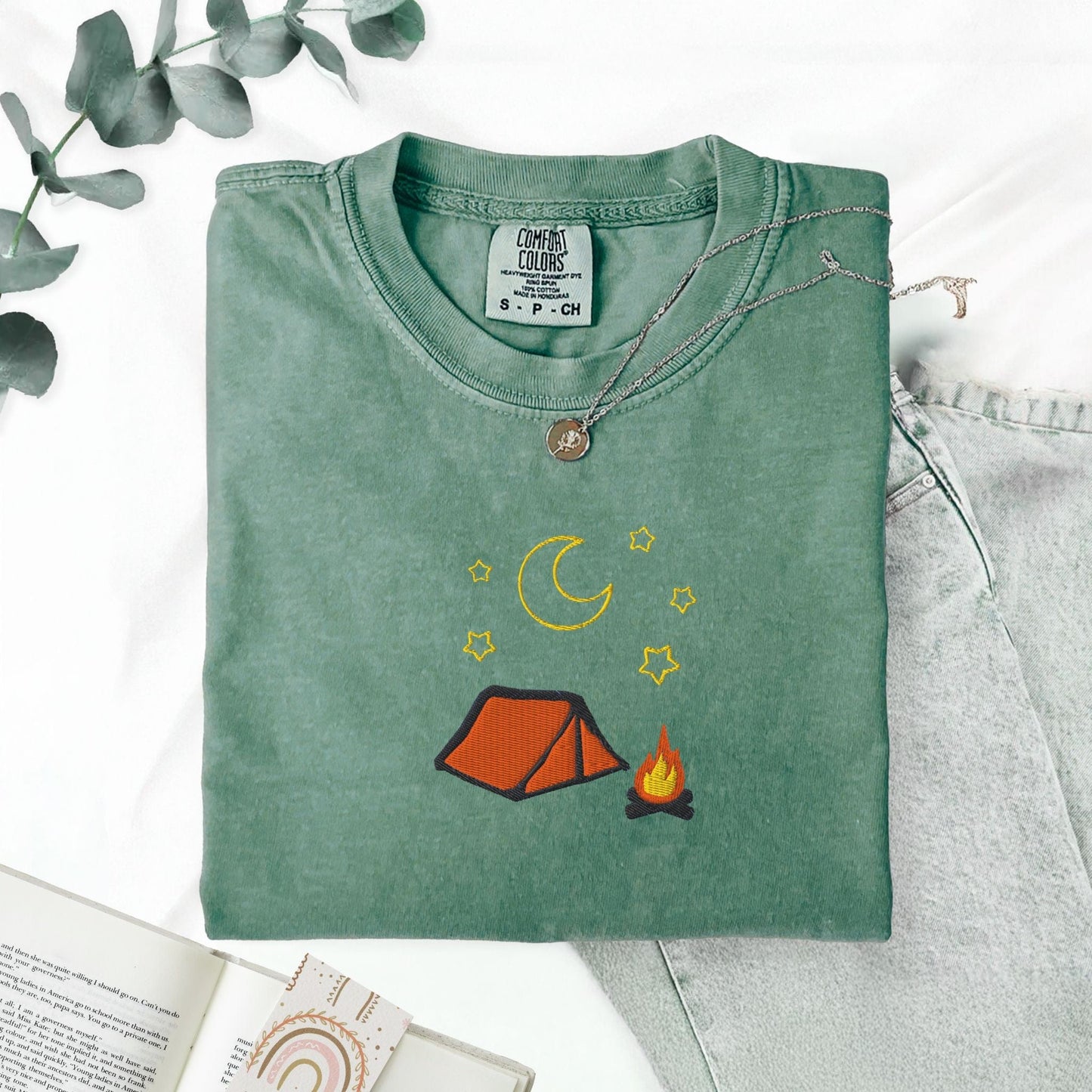 Pine Spice Books Cozy Embroidered Camping T-Shirt Cozy Embroidered Camping T-Shirt