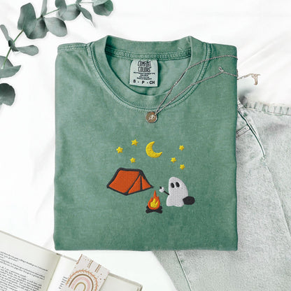 Pine Spice Books Cute Camping Ghost Embroidered T-Shirt Cute Camping Ghost Embroidered T-Shirt