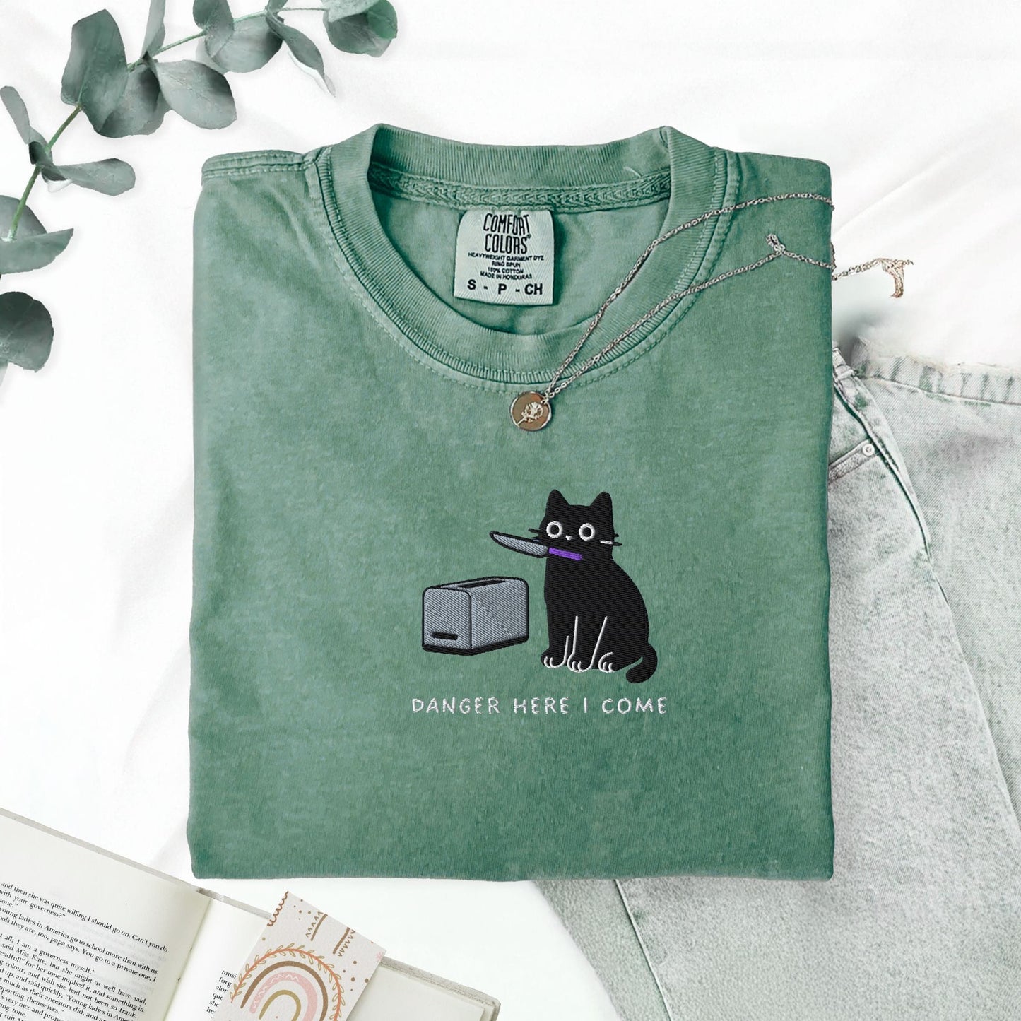 Pine Spice Books Danger Here I Come Cat Embroidered T-Shirt Danger Here I Come Cat Embroidered T-Shirt