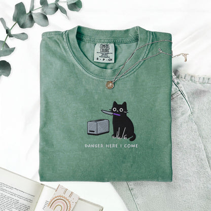 Pine Spice Books Danger Here I Come Cat Embroidered T-Shirt Danger Here I Come Cat Embroidered T-Shirt