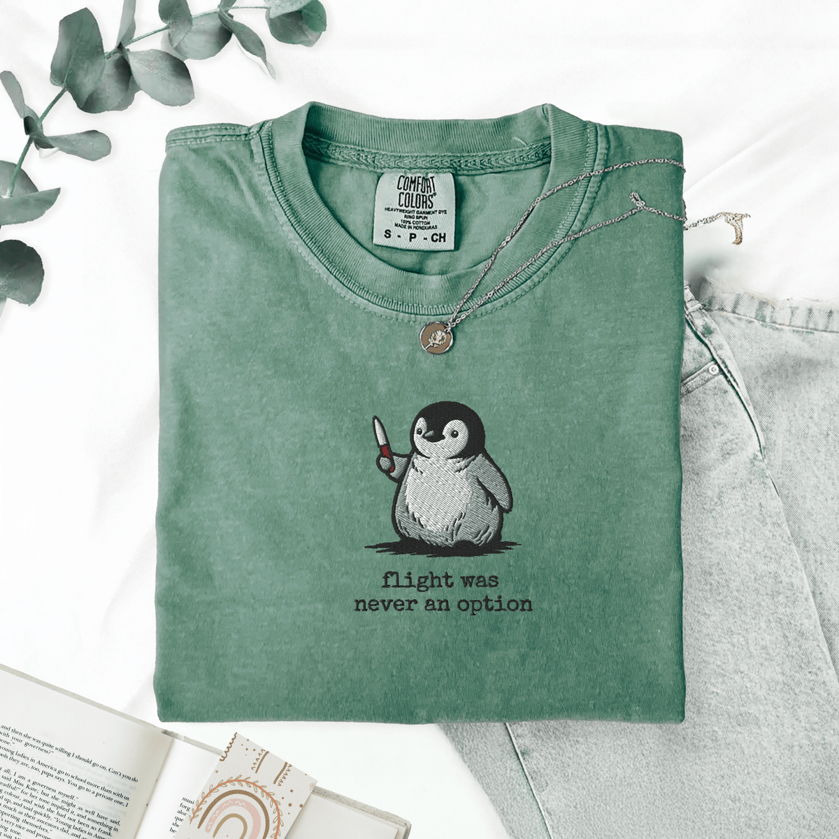 Pine Spice Books Flight Was Never An Option Penguin Embroidered T-Shirt Flight Was Never An Option Penguin Embroidered T-Shirt