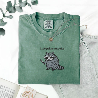 Pine Spice Books I Require Snacks Raccoon Embroidered T-Shirt I Require Snacks Raccoon Embroidered T-Shirt