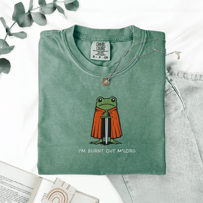 Pine Spice Books Im Burnt Out M'lord Frog Embroidered T-Shirt Im Burnt Out M'lord Frog Embroidered T-Shirt