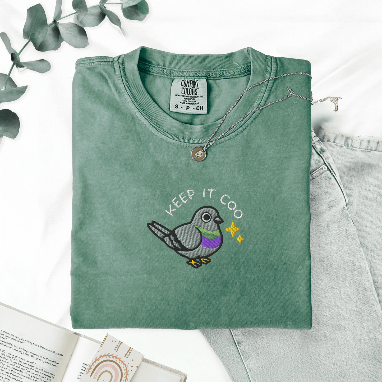 Pine Spice Books Keep It Coo Embroidered Pigeon T-Shirt Keep It Coo Embroidered Pigeon T-Shirt