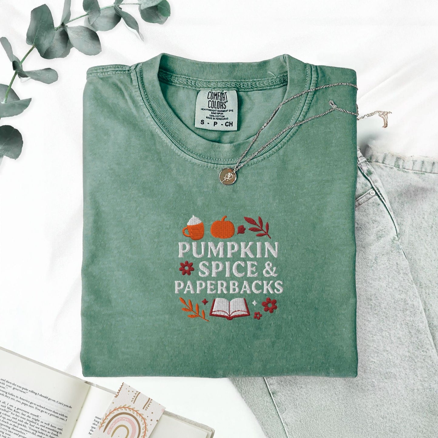 Pine Spice Books Pumpkin Spice and Paperbacks Embroidered Fall T-Shirt Pumpkin Spice and Paperbacks Embroidered Fall T-Shirt