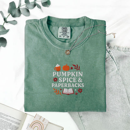 Pine Spice Books Pumpkin Spice and Paperbacks Embroidered Fall T-Shirt Pumpkin Spice and Paperbacks Embroidered Fall T-Shirt