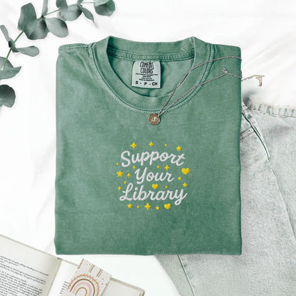 Pine Spice Books Support Your Library Embroidered T-Shirt Support Your Library Embroidered T-Shirt