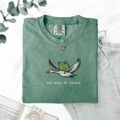 Pine Spice Books We Ride At Dawn Frog Goose Embroidered T-Shirt We Ride At Dawn Frog Goose Embroidered T-Shirt