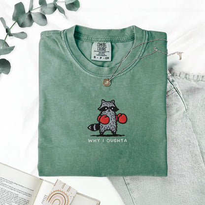 Pine Spice Books Why I Oughta Raccoon Embroidered T-Shirt Why I Oughta Raccoon Embroidered T-Shirt
