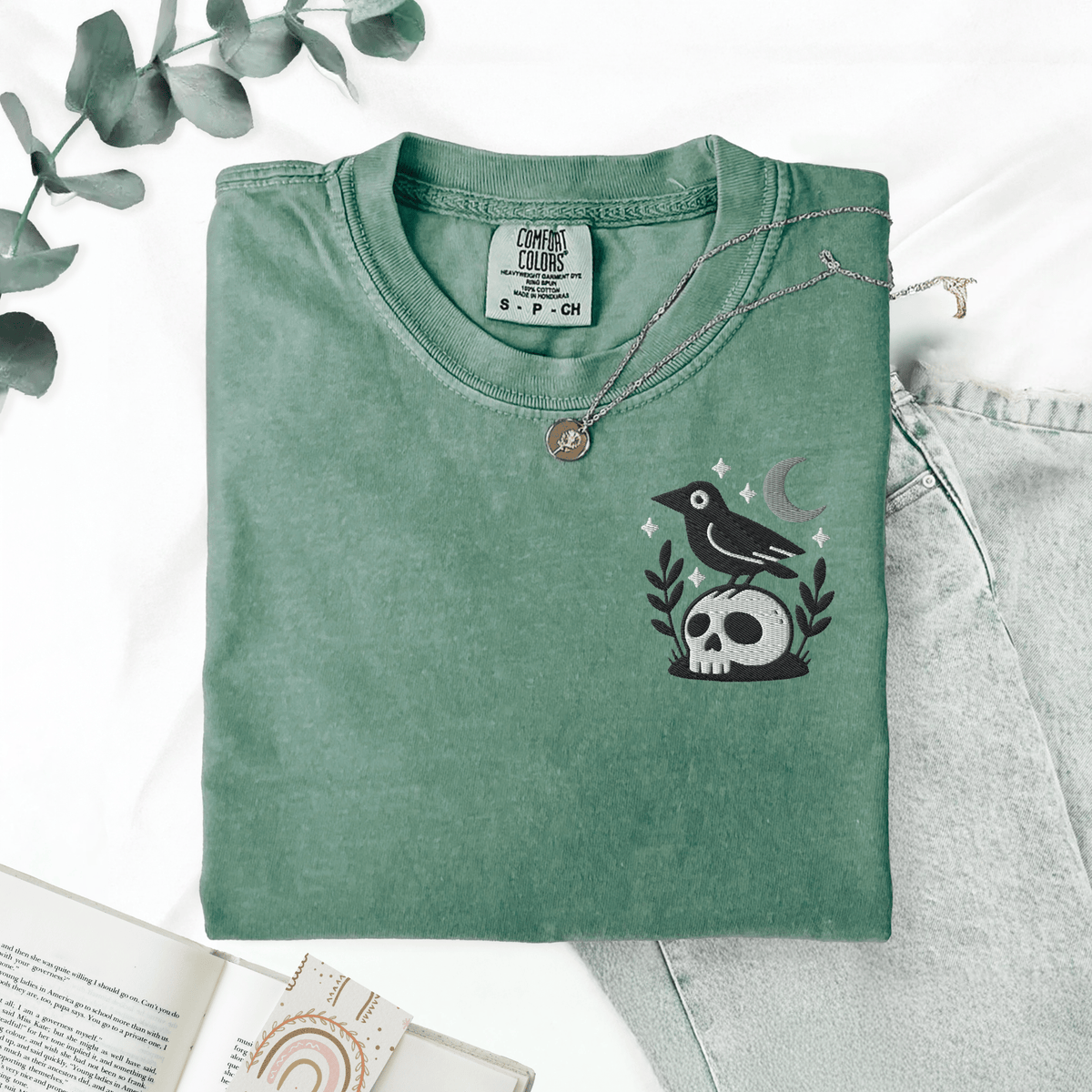 Pine Spice Books Witchy Crow Embroidered T-Shirt Witchy Crow Embroidered T-Shirt